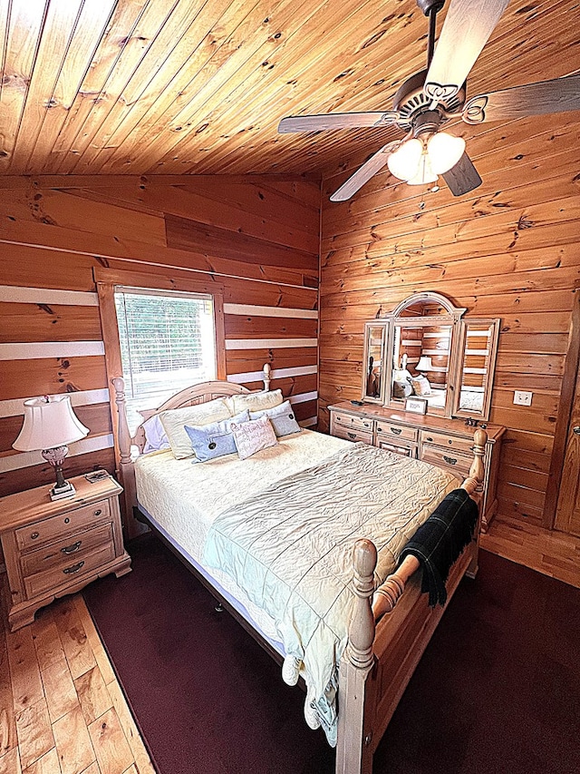 805 Double Bridges Dr, Fancy Gap, VA 24328 - bedroom featuring wooden walls, wooden ceiling, light wood finished floors, and a ceiling fan