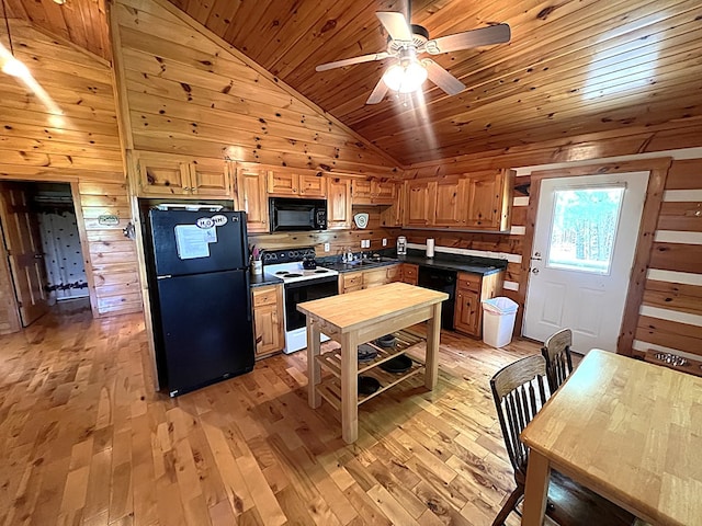 805 Double Bridges Dr, Fancy Gap, VA 24328 - kitchen featuring black appliances, vaulted ceiling, light wood finished floors, wood ceiling, and ceiling fan