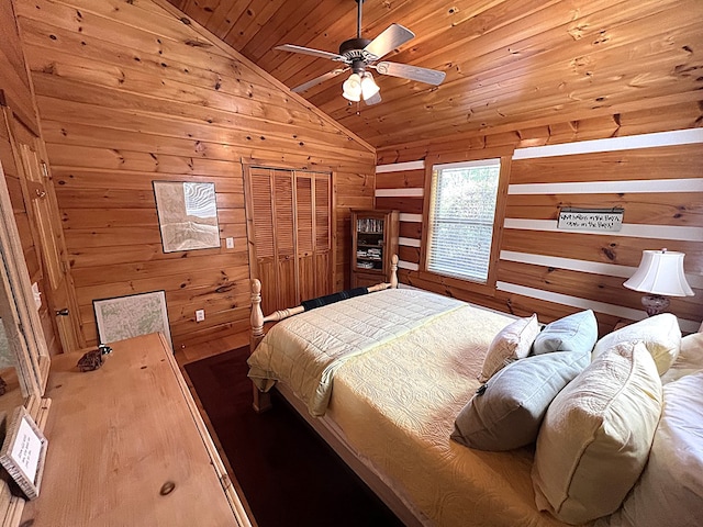 805 Double Bridges Dr, Fancy Gap, VA 24328 - bedroom with lofted ceiling, wooden walls, wood ceiling, ceiling fan, and wood finished floors