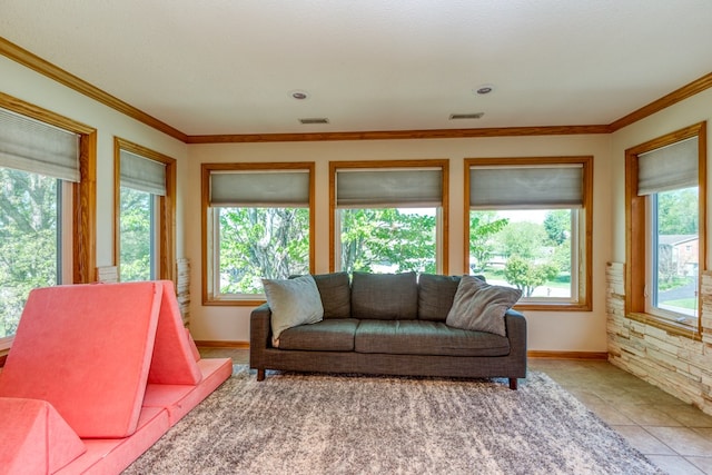 515 Meadowcrest Dr, Bristol, VA 24201 - living room featuring baseboards, visible vents, and ornamental molding