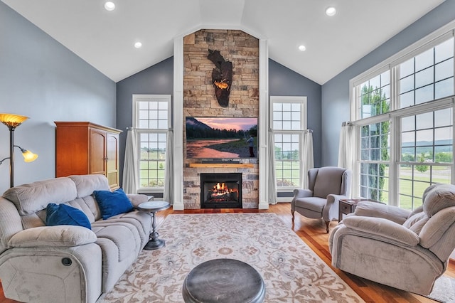 567 Saint James Rd, Chilhowie, VA 24319 - living area featuring a stone fireplace, wood finished floors, recessed lighting, and high vaulted ceiling