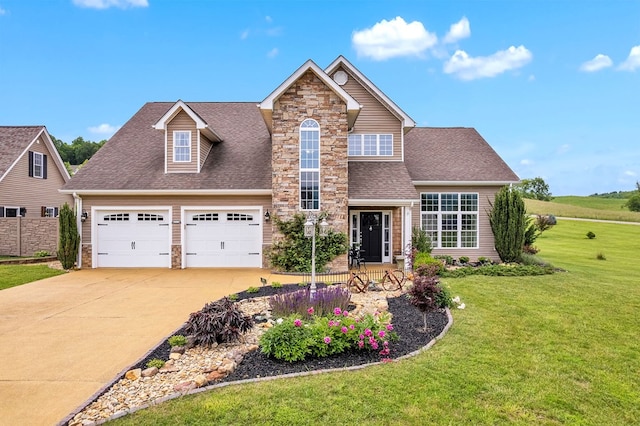 567 Saint James Rd, Chilhowie, VA 24319 - traditional-style home with stone siding, concrete driveway, a front lawn, an attached garage, and a shingled roof