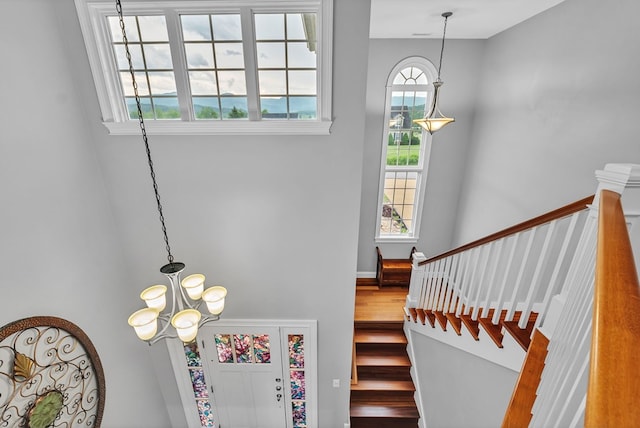 567 Saint James Rd, Chilhowie, VA 24319 - entryway with a chandelier, stairs, a towering ceiling, and healthy amount of natural light