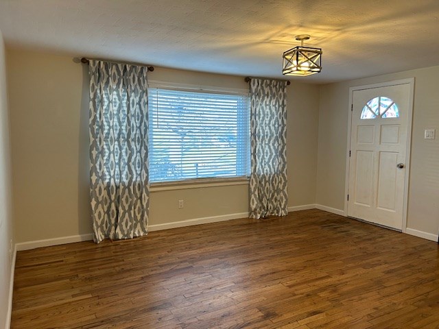 foyer featuring a textured ceiling and dark hardwood / wood-style flooring