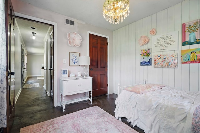 16050 Industrial Park Rd, Bristol, VA 24202 - bedroom featuring a chandelier, concrete flooring, and wood walls