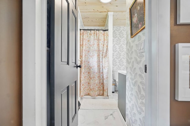 16050 Industrial Park Rd, Bristol, VA 24202 - full bath featuring wood ceiling, marble finish floors, and curtained shower