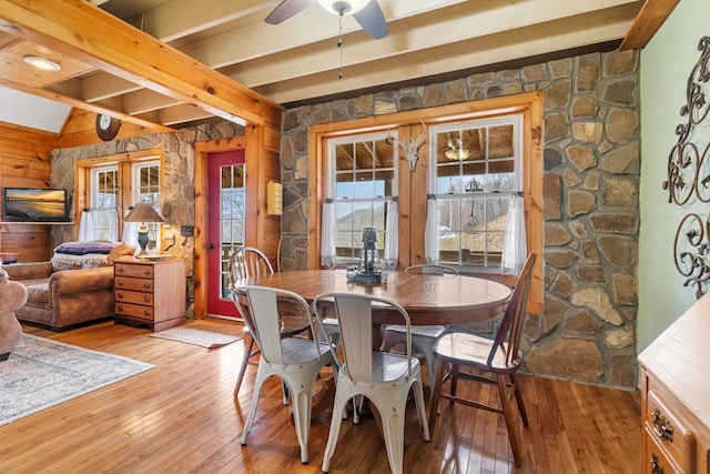 799 Crystal Springs Dr, Fancy Gap, VA 24328 - dining area with beamed ceiling, ceiling fan, and light wood-type flooring
