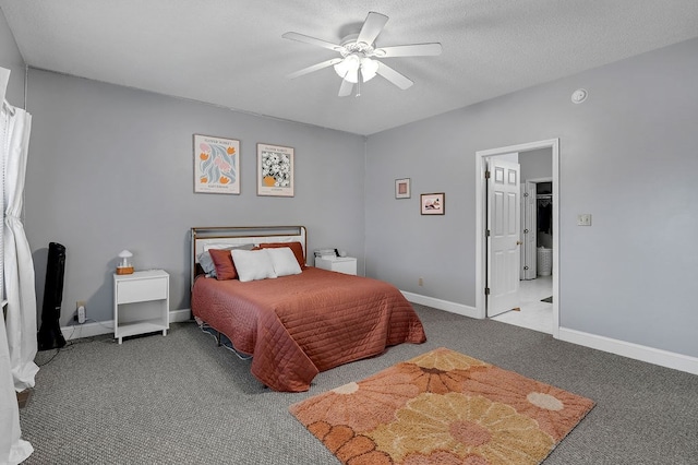 bedroom with carpet flooring, a ceiling fan, baseboards, and a textured ceiling