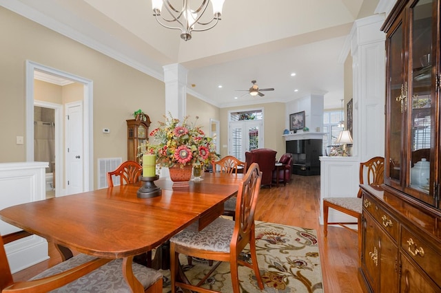 20324 Josh Allen Dr, Abingdon, VA 24211 - dining space featuring light wood-type flooring, ornamental molding, decorative columns, recessed lighting, and a ceiling fan