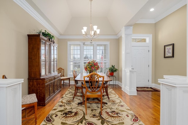 20324 Josh Allen Dr, Abingdon, VA 24211 - dining space with a chandelier, light wood-style flooring, lofted ceiling, and crown molding
