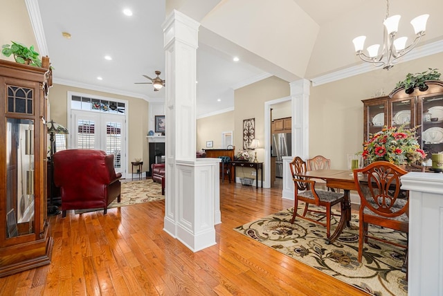 20324 Josh Allen Dr, Abingdon, VA 24211 - dining room with ornate columns, light wood finished floors, ceiling fan, ornamental molding, and recessed lighting