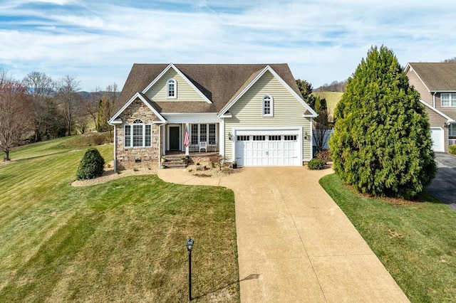 20324 Josh Allen Dr, Abingdon, VA 24211 - traditional-style home featuring driveway, covered porch, stone siding, a front lawn, and a shingled roof