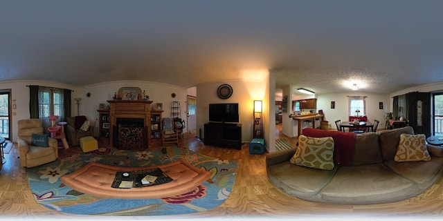 living area with a fireplace, wood finished floors, plenty of natural light, and arched walkways