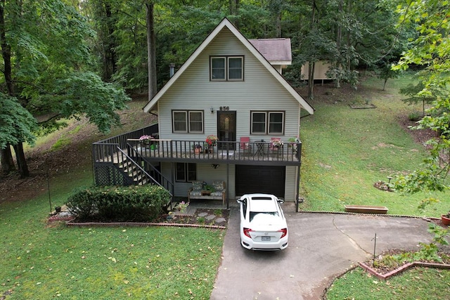 rustic home with driveway, an attached garage, stairs, and a front lawn