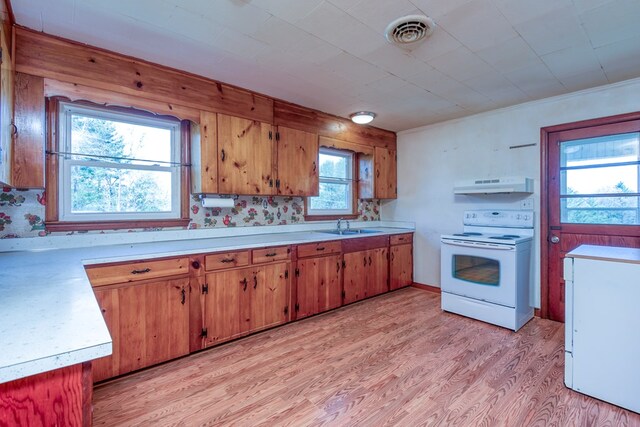 324 Mill Creek Rd, Chilhowie, VA 24319 - kitchen with a sink, visible vents, light countertops, under cabinet range hood, and white range with electric cooktop