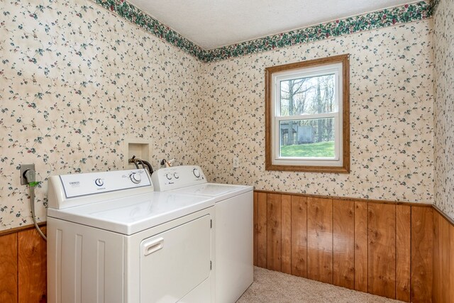 324 Mill Creek Rd, Chilhowie, VA 24319 - laundry area featuring washing machine and dryer, wallpapered walls, wainscoting, and laundry area