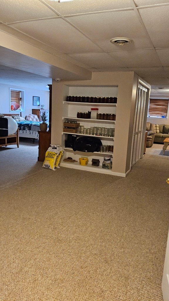 interior space featuring visible vents, carpet, and a drop ceiling