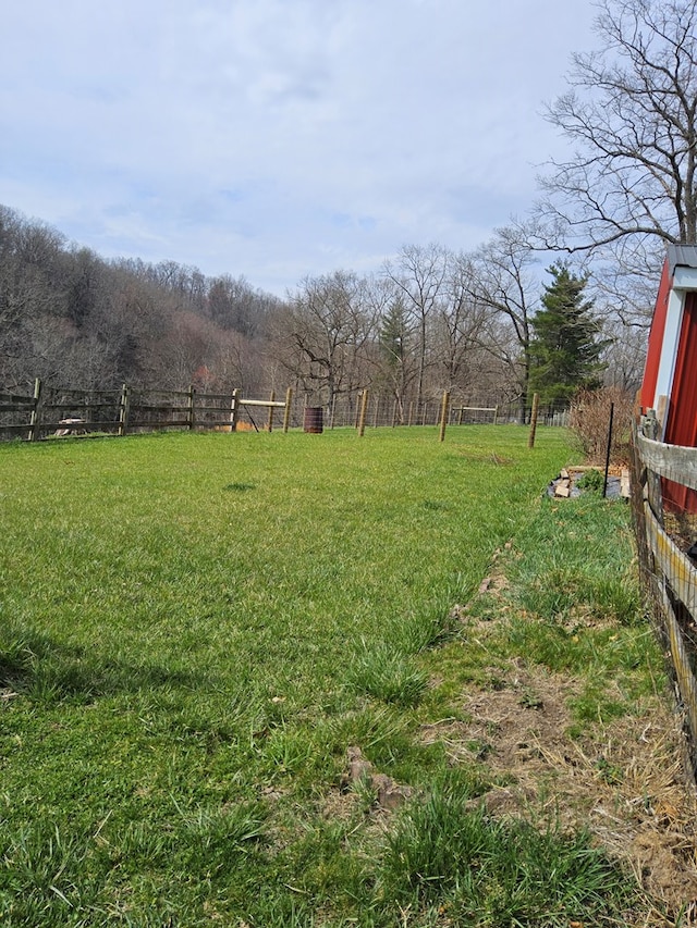 view of yard with fence and a rural view