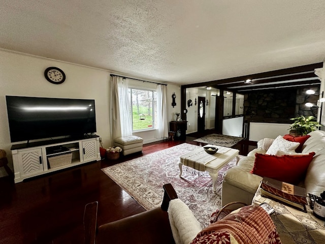 living room featuring wood finished floors and a textured ceiling