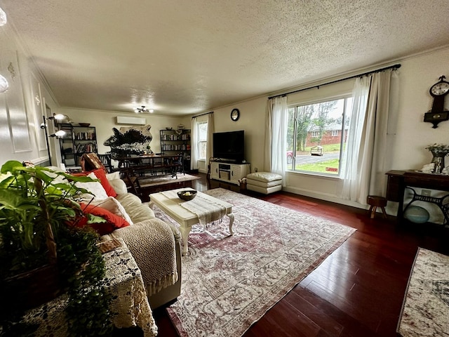 living room featuring dark wood finished floors, a wealth of natural light, crown molding, and a textured ceiling