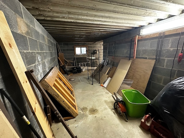 below grade area featuring concrete block wall