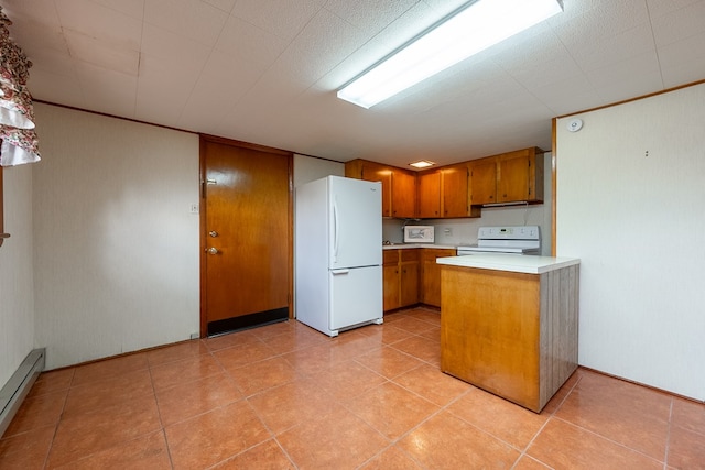 kitchen with light countertops, light tile patterned floors, brown cabinets, white appliances, and a baseboard radiator