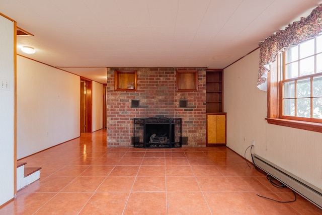 unfurnished living room with light tile patterned floors, baseboard heating, a fireplace, and built in features