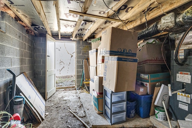 unfinished basement featuring concrete block wall