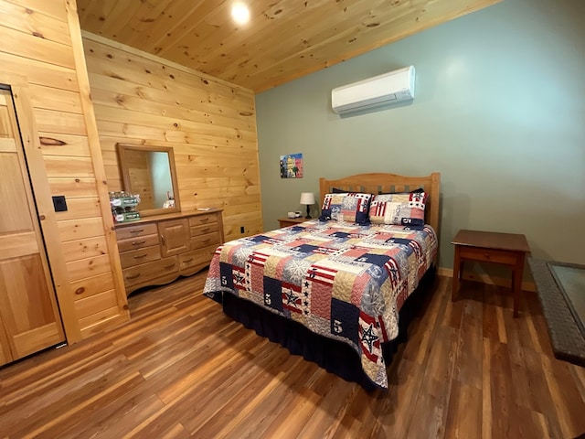 bedroom featuring wood finished floors, a wall unit AC, wooden walls, and wooden ceiling