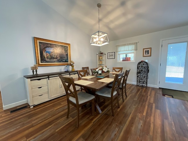 dining room with visible vents, vaulted ceiling, baseboards, a notable chandelier, and dark wood-type flooring