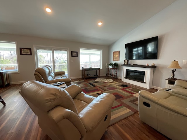 living area featuring baseboards, wood finished floors, and lofted ceiling