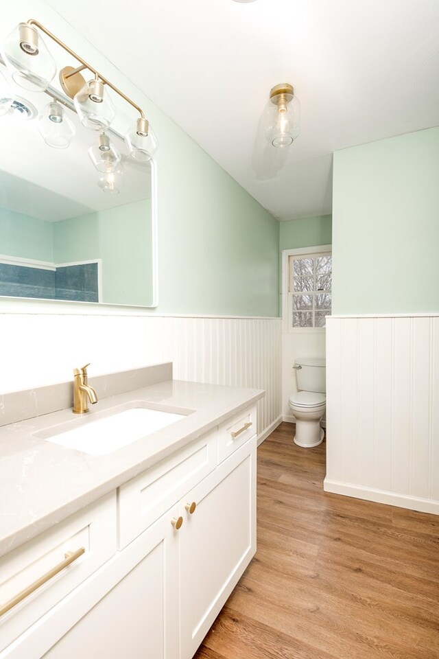 867 NE Wayne Ave, Abingdon, VA 24210 - bathroom with vanity, wainscoting, and wood finished floors