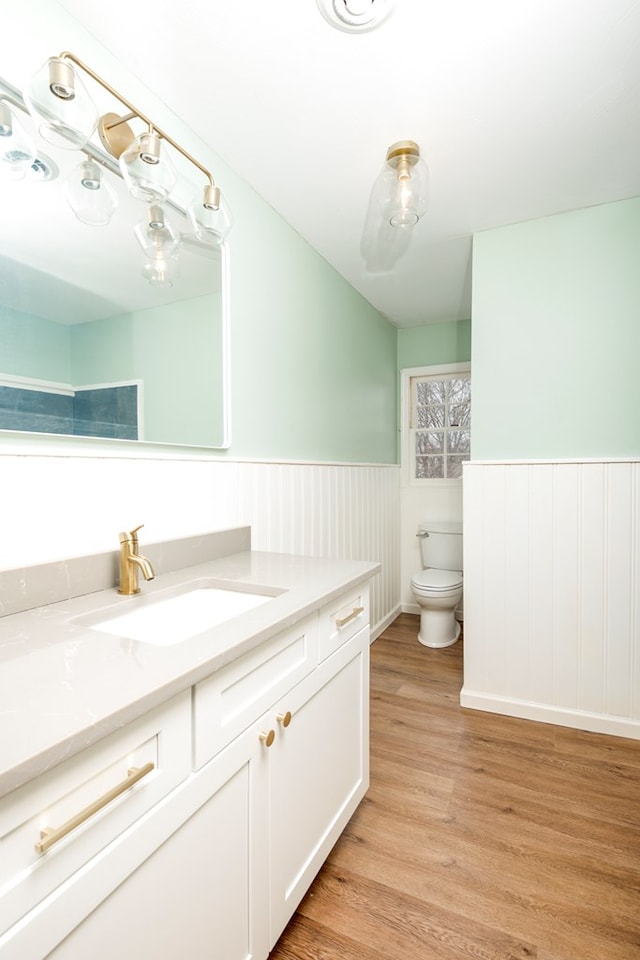 867 NE Wayne Ave, Abingdon, VA 24210 - bathroom with vanity, a wainscoted wall, and wood finished floors