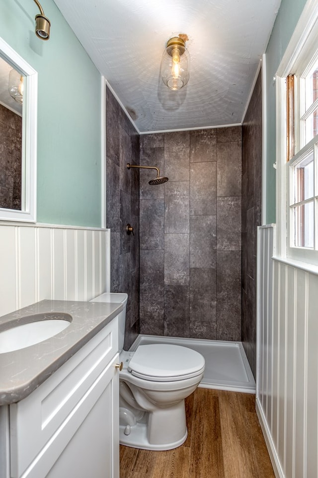 867 NE Wayne Ave, Abingdon, VA 24210 - bathroom featuring wood finished floors, a tile shower, vanity, and a wainscoted wall