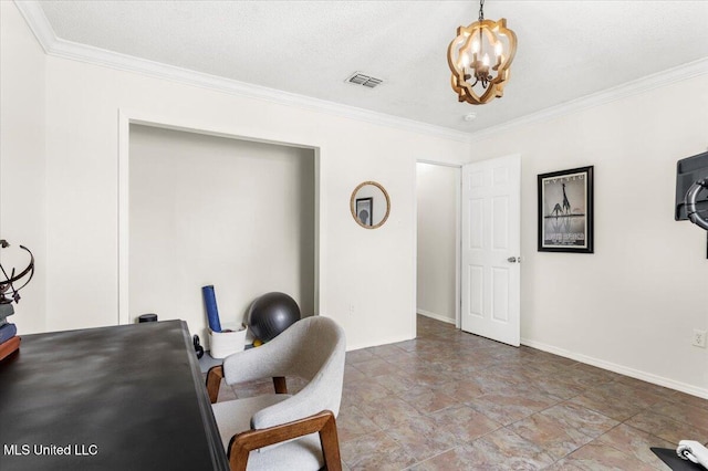 10601 W River Vue, Biloxi, MS 39532 - home office with a chandelier, ornamental molding, and stone finish floors