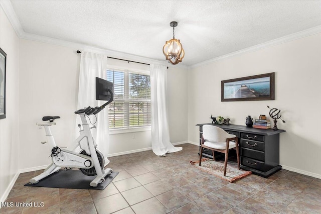 10601 W River Vue, Biloxi, MS 39532 - exercise room featuring a chandelier, a textured ceiling, and crown molding