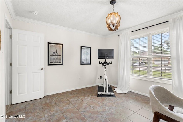 10601 W River Vue, Biloxi, MS 39532 - exercise room featuring crown molding, a chandelier, and a textured ceiling