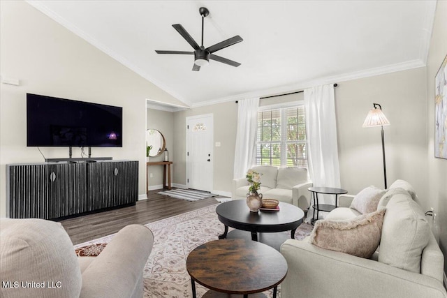 10601 W River Vue, Biloxi, MS 39532 - living area with wood finished floors, ceiling fan, lofted ceiling, and ornamental molding