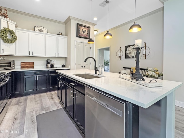 14 Le Petit Cv, Long Beach, MS 39560 - kitchen featuring stainless steel dishwasher, ornamental molding, dark cabinets, white cabinets, and light wood-type flooring