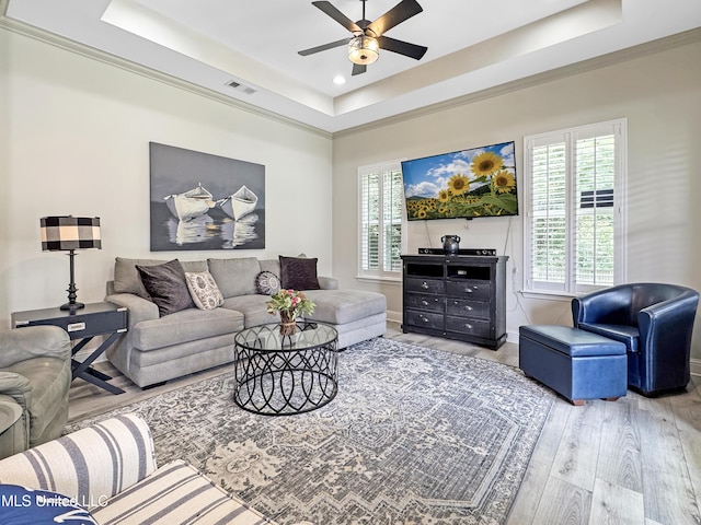 14 Le Petit Cv, Long Beach, MS 39560 - living room featuring a raised ceiling, wood finished floors, ceiling fan, and recessed lighting