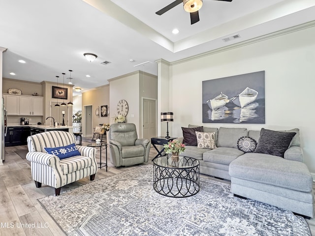 14 Le Petit Cv, Long Beach, MS 39560 - living area featuring a ceiling fan, light wood-style flooring, ornamental molding, and recessed lighting