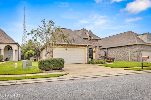 view of front of home featuring a front yard and a garage