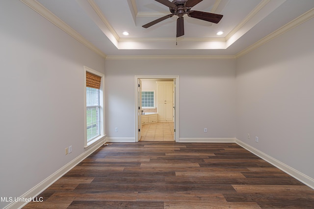130 Covey Run, Madison, MS 39110 - spare room with a tray ceiling, dark wood-type flooring, a ceiling fan, ornamental molding, and recessed lighting