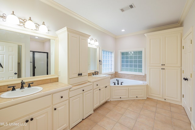 130 Covey Run, Madison, MS 39110 - bathroom featuring double vanity, ornamental molding, a stall shower, tile patterned floors, and a bath