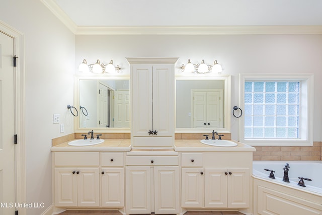130 Covey Run, Madison, MS 39110 - bathroom featuring double vanity, crown molding, and a garden tub