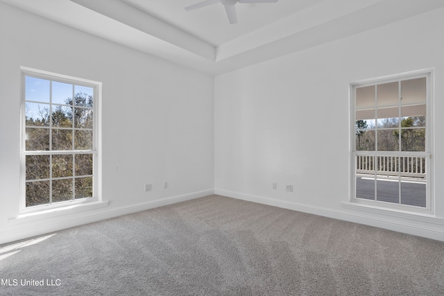 spare room featuring ceiling fan, carpet flooring, and a wealth of natural light