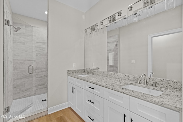 bathroom featuring wood-type flooring, vanity, and a shower with door