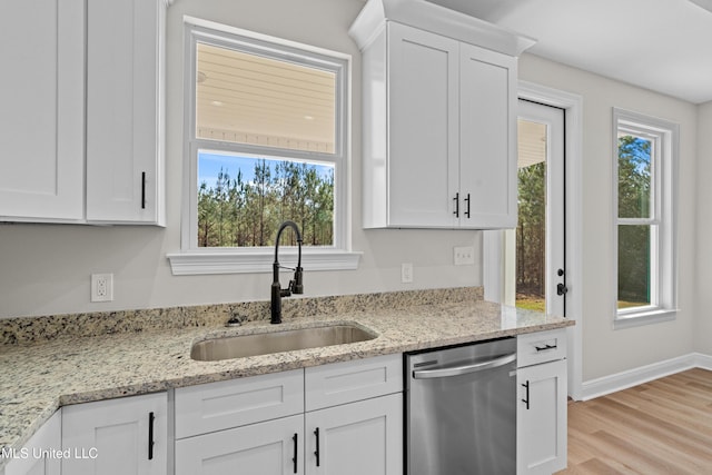 kitchen with dishwasher, white cabinetry, a healthy amount of sunlight, and sink