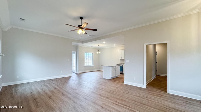 unfurnished living room featuring visible vents, baseboards, light wood-type flooring, and ceiling fan