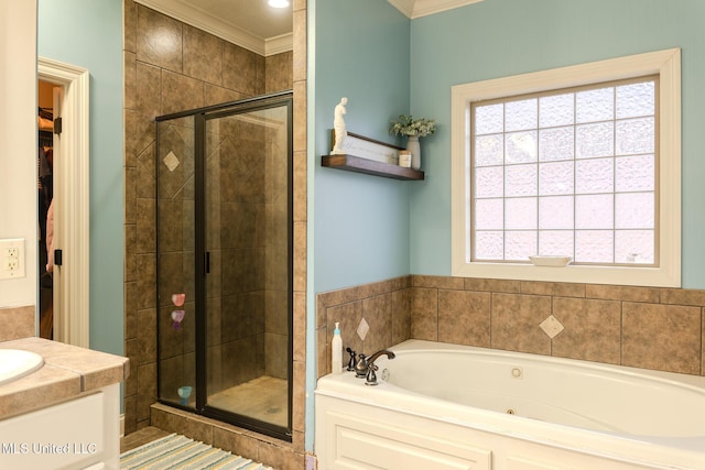 bathroom featuring shower with separate bathtub, vanity, and crown molding